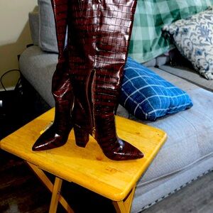 Burgundy Croc-Embossed Knee-High Boots